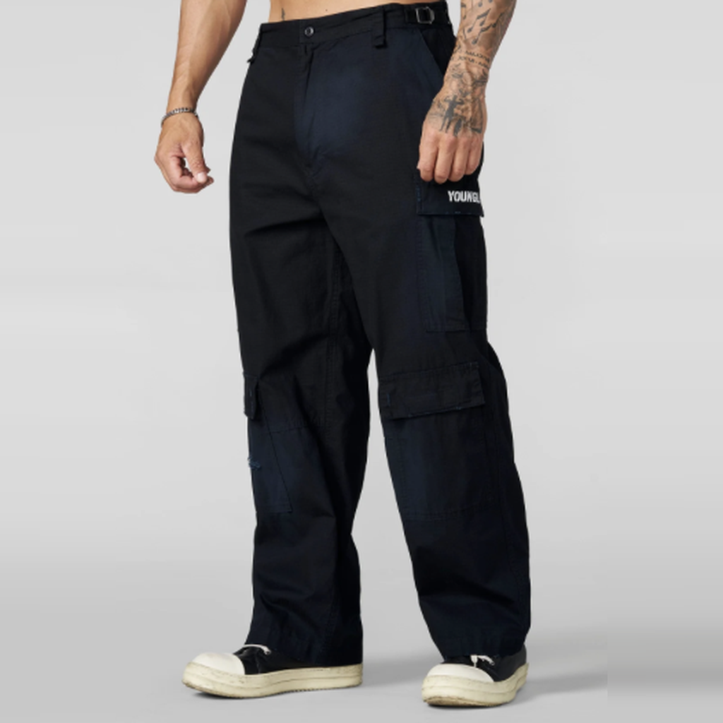 YOUNGLA 6069 Combat Pants Pantalón Cargo Negro Deslavado