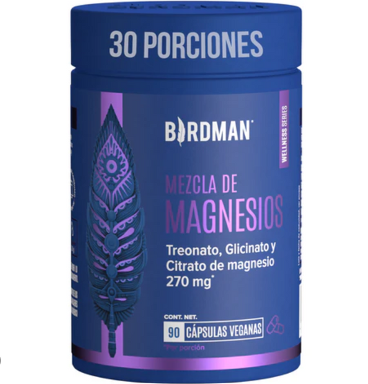 Mag Trifecta Birdman 3 en 1: Citrato, Glicinato y Treonato de Magnesio - 90 Cápsulas - 30 Porciones