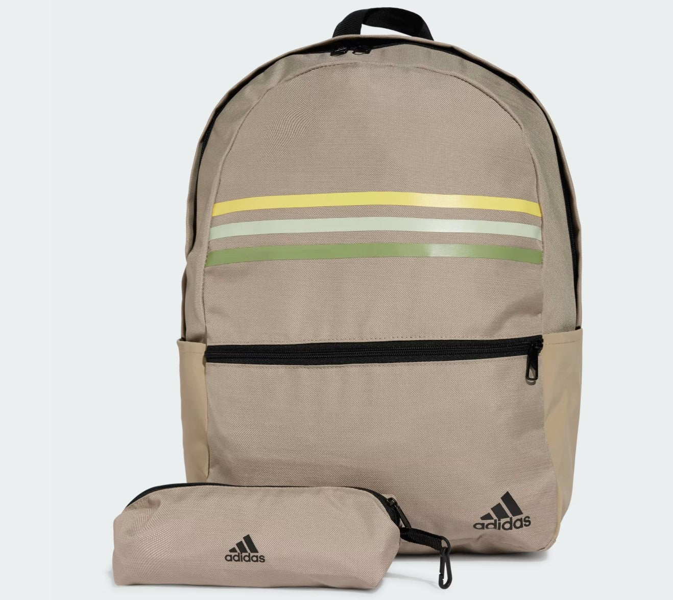 Mochila Adidas Beige con tres franjas frontales amarillas y verdes