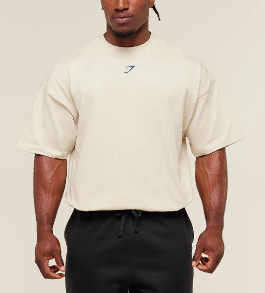 GS Playera Oversized Beige con estampado azul