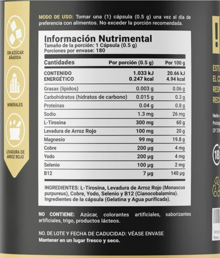 THYR- Mezcla de L-Tirosina, Cobre, Selenio, Yodo, Levadura de Arroz Rojo y B12 | 180 cápsulas