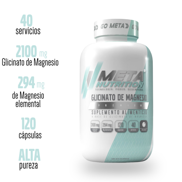 Glicinato de Magnesio Premium, Meta Nutrition 120 caps. 40 servicios 2100mg.