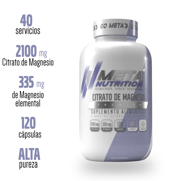 Citrato de Magnesio Premium, Meta Nutrition 120 caps. 40 servicios de 2100mg