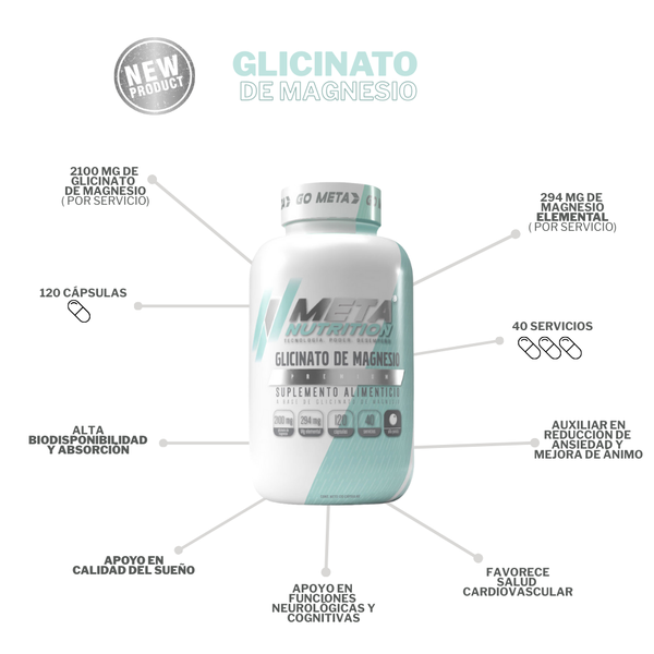 Glicinato de Magnesio Premium, Meta Nutrition 120 caps. 40 servicios 2100mg.