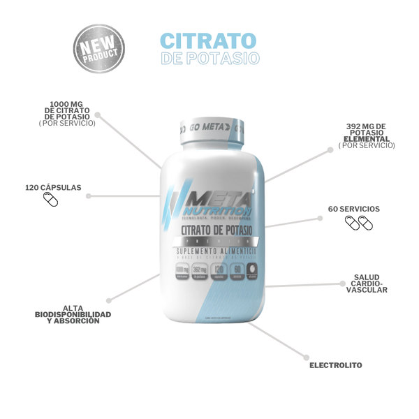 Citrato de Potasio Premium, Meta Nutrition 60 servicios de 1000mg