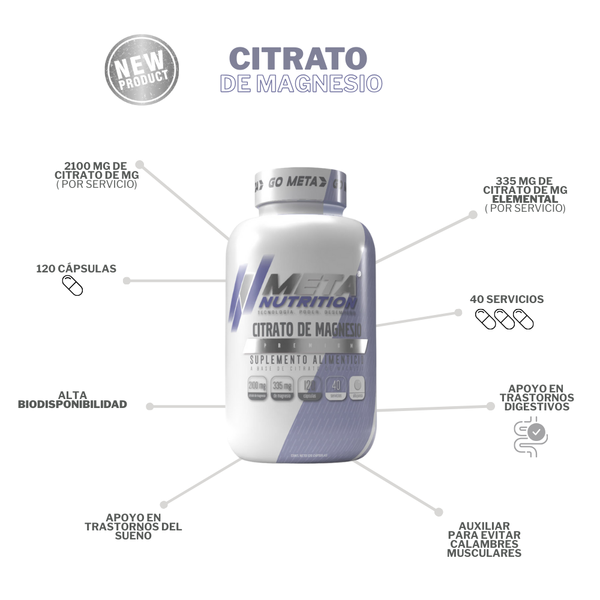 Citrato de Magnesio Premium, Meta Nutrition 120 caps. 40 servicios de 2100mg