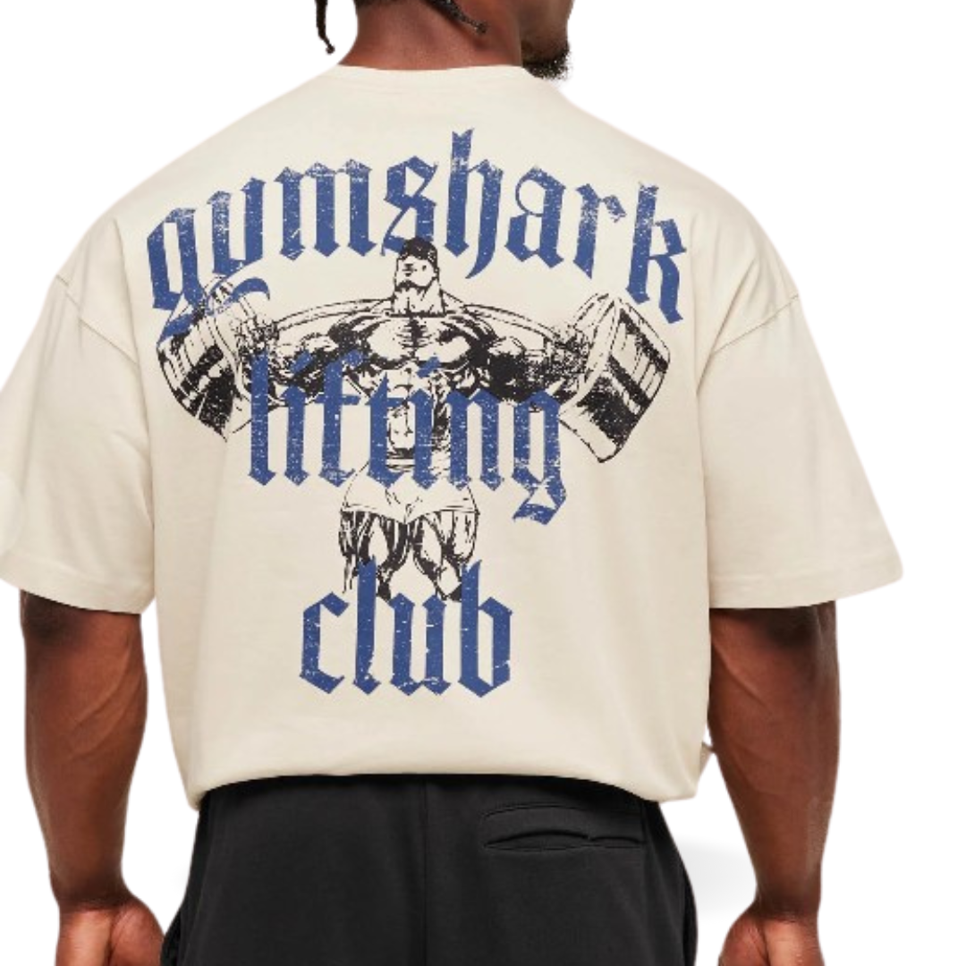 GS Playera Oversized Beige con estampado azul