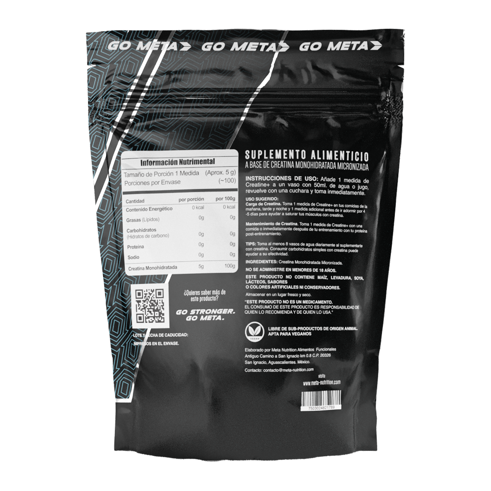 Creatine+ Meta Nutrition  Alta Pureza 100 servicios 500g.