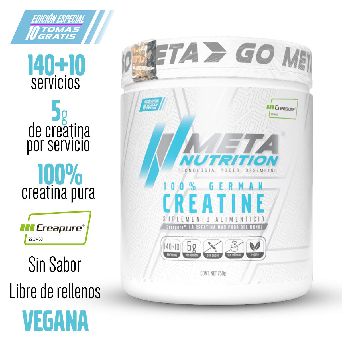 100% German Creatine (Creapure®), Meta Nutrition, 140 servicios + 10 GRATIS