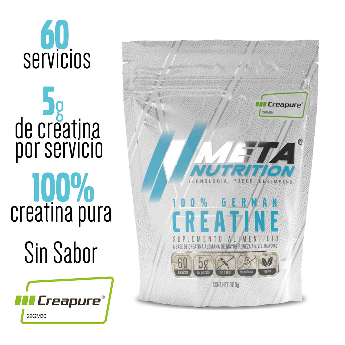 100% German Creatine (Creapure®), Meta Nutrition,  60 servicios