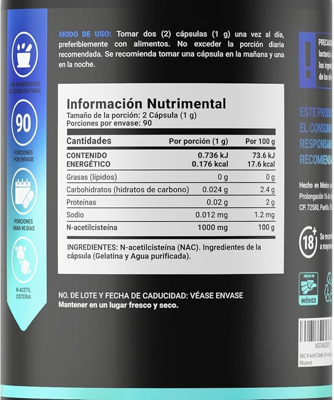 NAC N-Acetil Cisteína | 500 mg por Porción | 180 Cápsulas