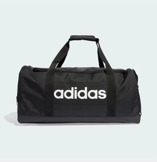 Maleta Adidas negra letras blancas.