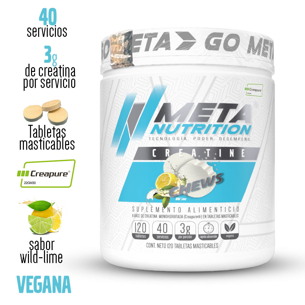 Creatine Chews Meta Nutrition made with Creapure -1 servicio 3 tabletas.