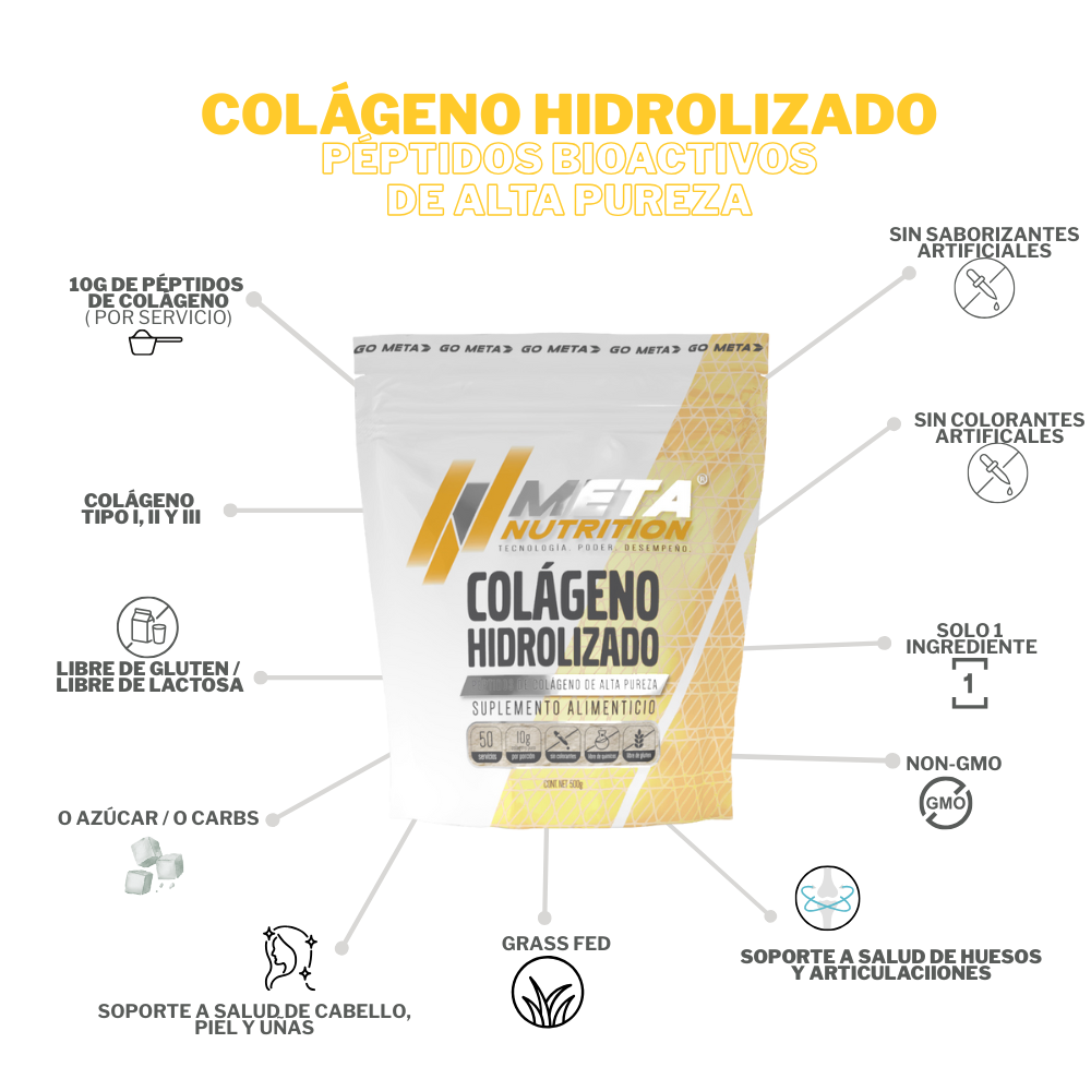 Colágeno Hidrolizado Puro Meta Nutrition. Grass Fed. 500g