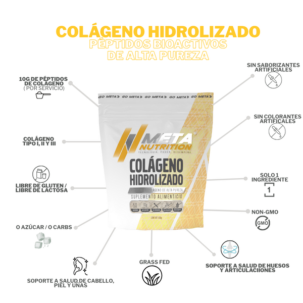 Colágeno Hidrolizado Puro Meta Nutrition. Grass Fed. 500g