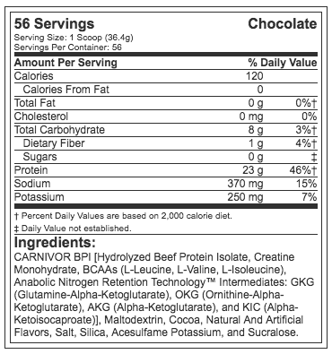 Carnivor Musclemeds 100% isolate beef protein nutrition facts