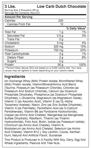 Tabla Nutrimental Isopure Zero Carb Nature's Best Isolate Proteina