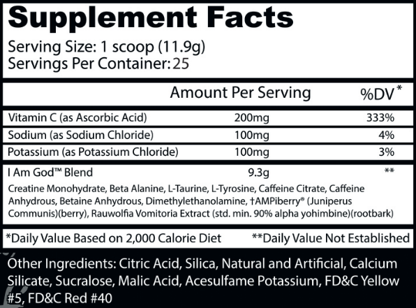 Tabla Nutrimental I am God Insane Labz Preentreno
